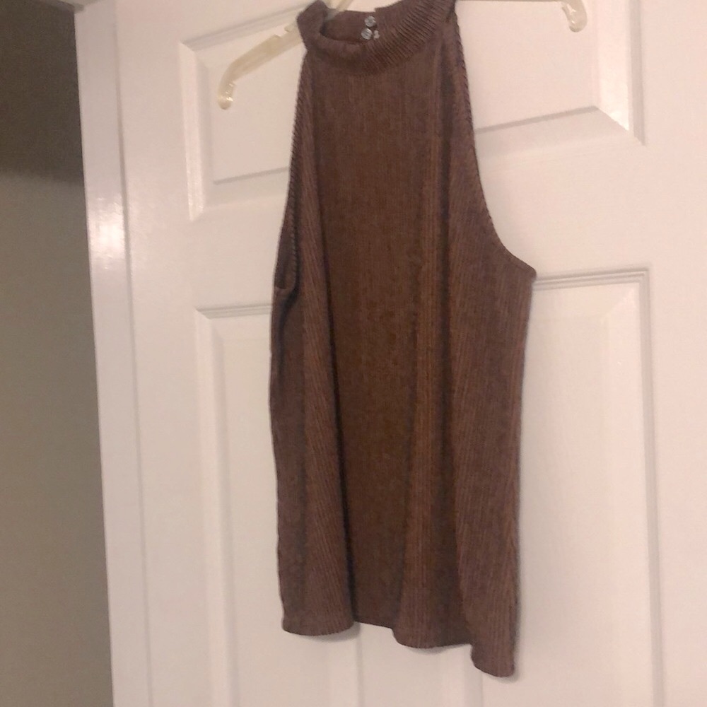 Ann Taylor Factory Mock Neck Halter Vertical Stripe Cinnamon/ Black. Like New